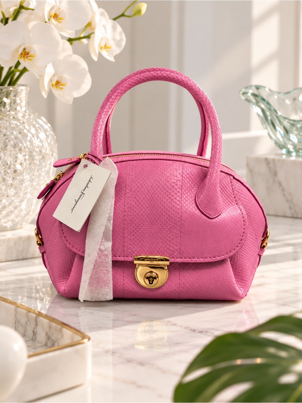 NWT Salvatore Ferragamo Fiamma Pink Python Satchel Handbag – Brand New with Tags